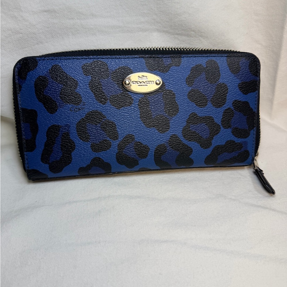 Coach Blue and Black Leopard Print Zip Around Wallet